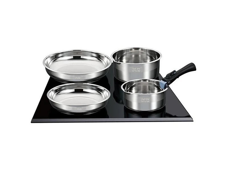 ARTHUR MARTIN AM5538 - Batterie de cuisine 8 pieces Inox : 3 poeles, 3 casseroles, 2 poignées - Tous feux dont induction