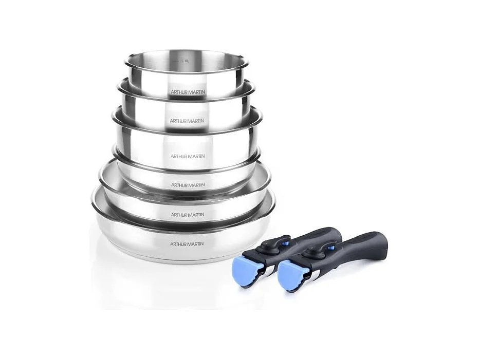 ARTHUR MARTIN AM5538 - Batterie de cuisine 8 pieces Inox : 3 poeles, 3 casseroles, 2 poignées - Tous feux dont induction