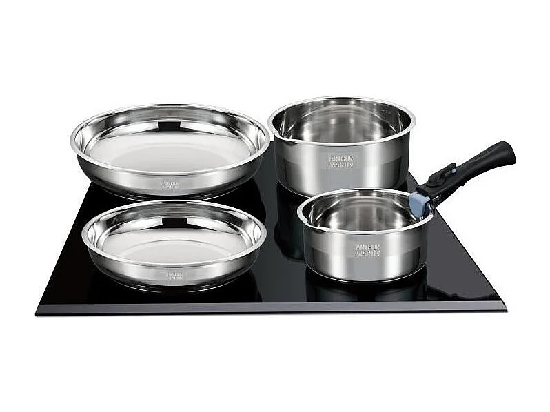 ARTHUR MARTIN AM5538 - Batterie de cuisine 8 pieces Inox : 3 poeles, 3 casseroles, 2 poignées - Tous feux dont induction