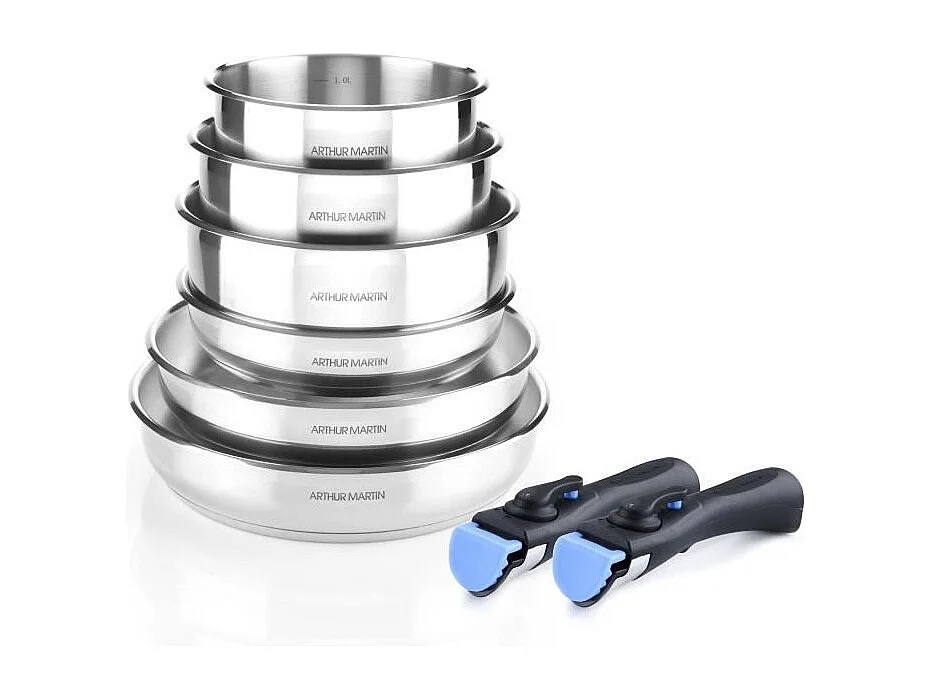ARTHUR MARTIN AM5538 - Batterie de cuisine 8 pieces Inox : 3 poeles, 3 casseroles, 2 poignées - Tous feux dont induction