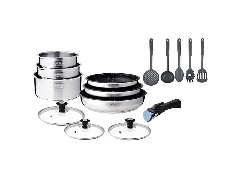 Batterie de cuisine induction - Arthur Martin - AM1275 - Acier inoxydable - 15 pieces - Poignée amovible - Tous feux dont induc