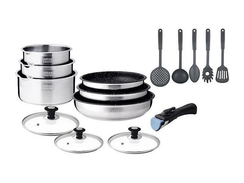 Batterie de cuisine induction - Arthur Martin - AM1275 - Acier inoxydable - 15 pieces - Poignée amovible - Tous feux dont induc
