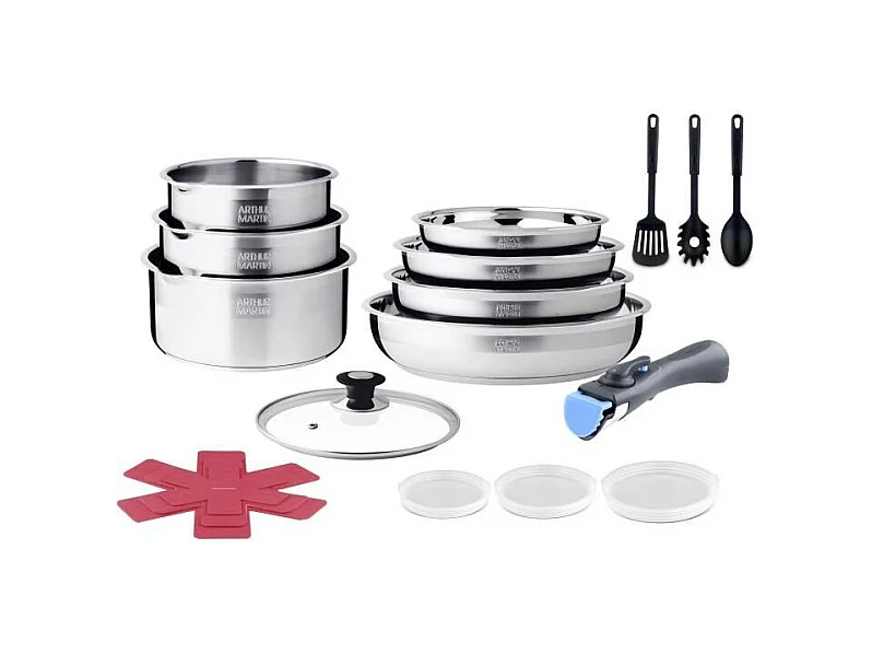 Batterie de cuisine induction - ARTHUR MARTIN - AM0566 - 18 pieces - Poignée amovible - Tous feux dont induction - Acier inoxyd