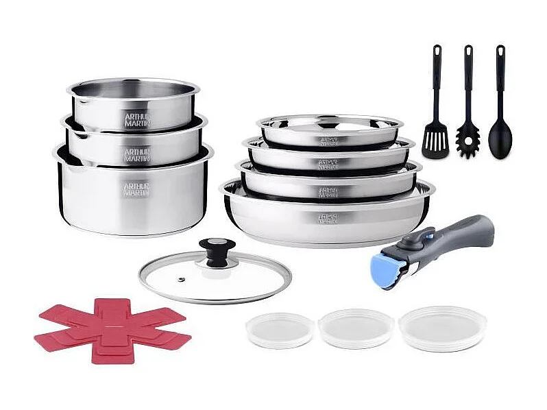 Batterie de cuisine induction - ARTHUR MARTIN - AM0566 - 18 pieces - Poignée amovible - Tous feux dont induction - Acier inoxyd