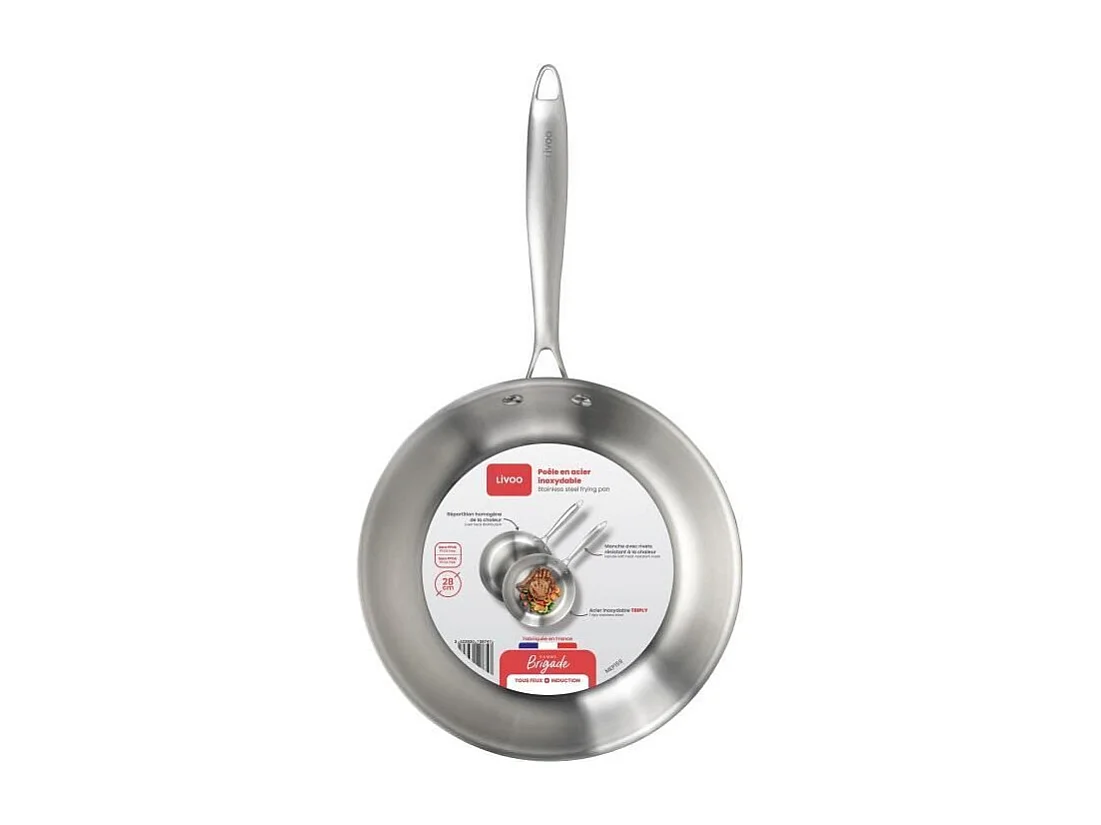 Brigade - Poele en acier inoxydable 28 cm - LIVOO - MEP159 - Acier inoxydable Triply - Tous feux dont induction - Made in France