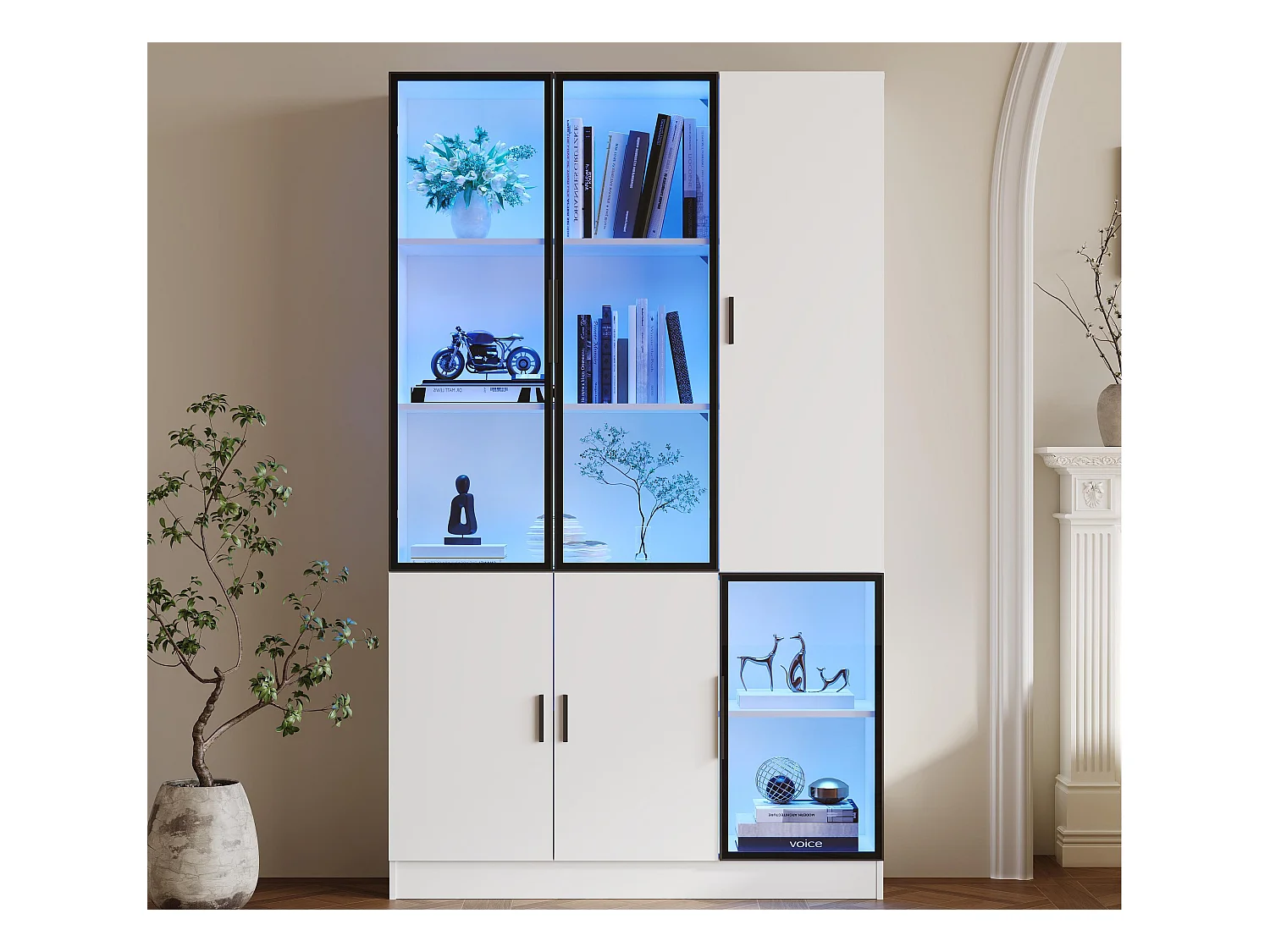 Vitrine 120x35x200 cm - portes vitrées - 6 portes - avec éclairage LED - panneaux de particules+verre trempé - blanc