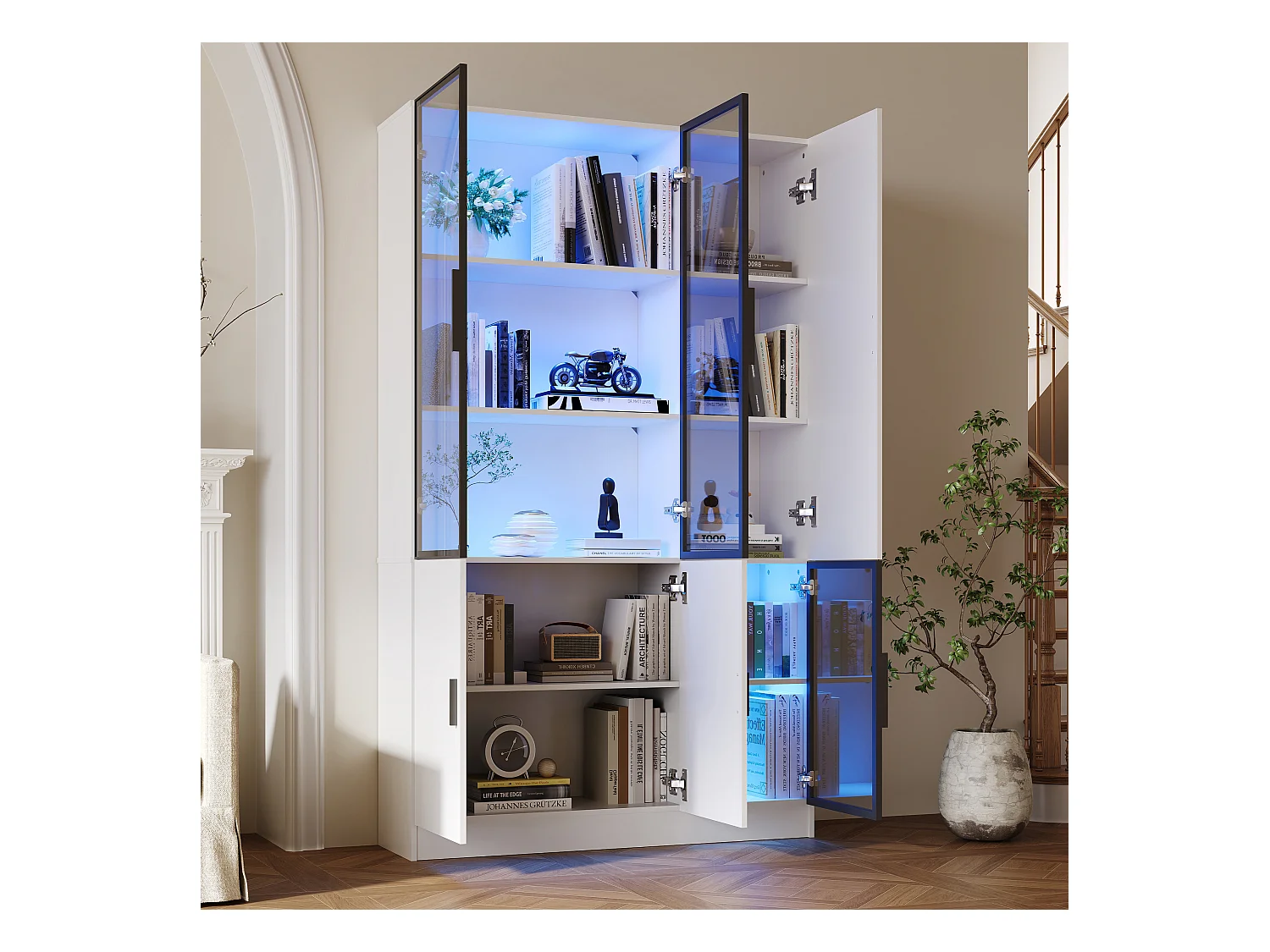 Vitrine 120x35x200 cm - portes vitrées - 6 portes - avec éclairage LED - panneaux de particules+verre trempé - blanc