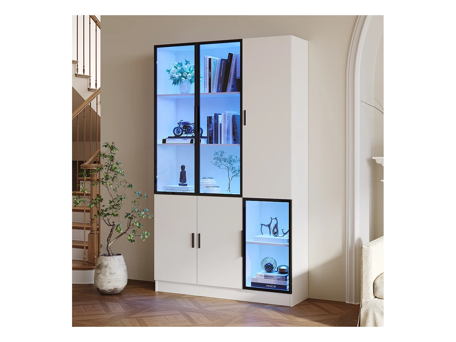 Vitrine 120x35x200 cm - portes vitrées - 6 portes - avec éclairage LED - panneaux de particules+verre trempé - blanc