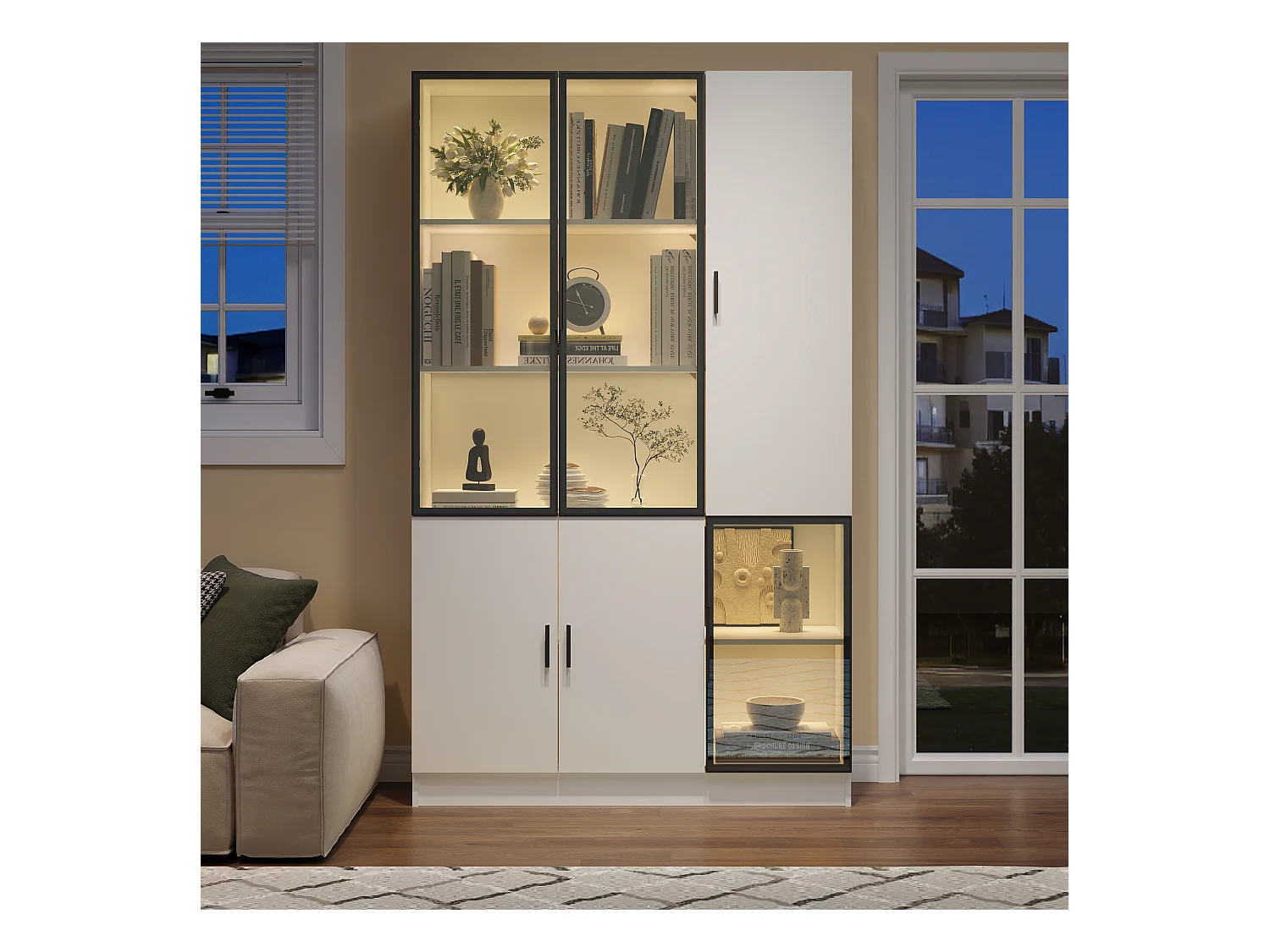 Vitrine 120x35x200 cm - portes vitrées - 6 portes - avec éclairage LED - panneaux de particules+verre trempé - blanc