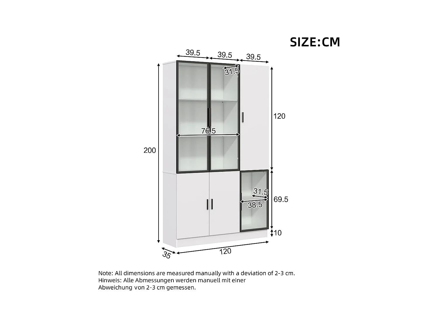 Vitrine 120x35x200 cm - portes vitrées - 6 portes - avec éclairage LED - panneaux de particules+verre trempé - blanc