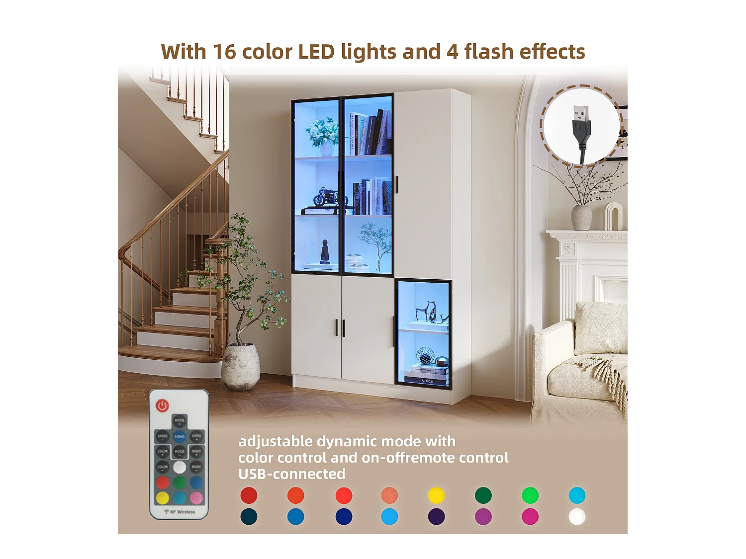 Vitrine 120x35x200 cm - portes vitrées - 6 portes - avec éclairage LED - panneaux de particules+verre trempé - blanc