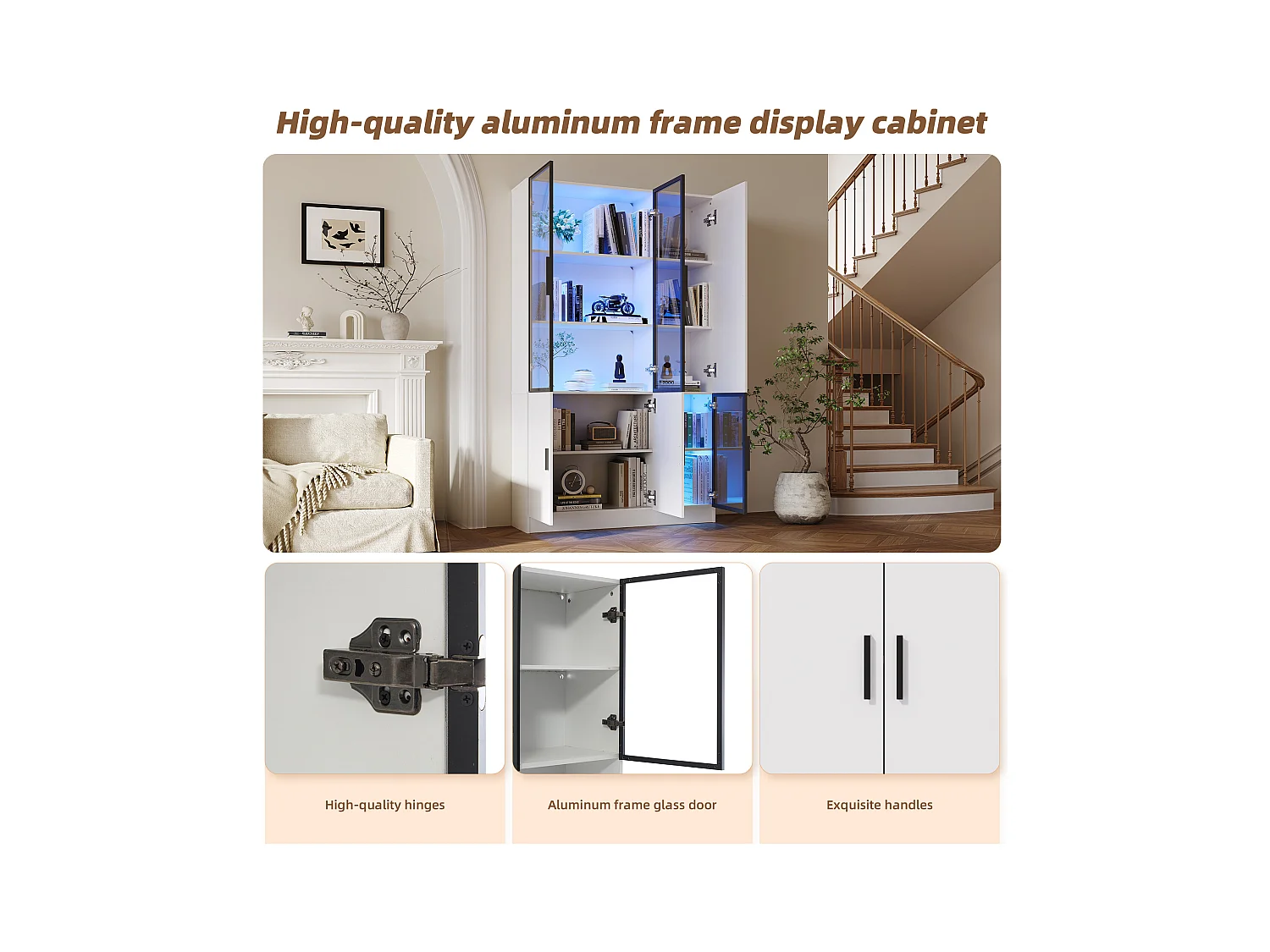 Vitrine 120x35x200 cm - portes vitrées - 6 portes - avec éclairage LED - panneaux de particules+verre trempé - blanc