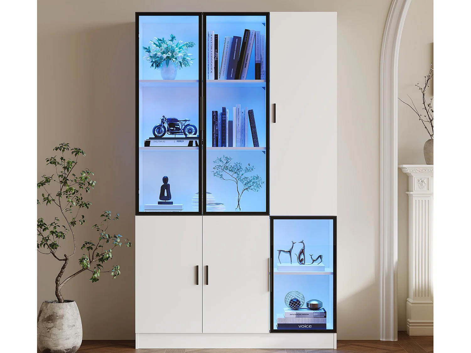 Vitrine 120x35x200 cm - portes vitrées - 6 portes - avec éclairage LED - panneaux de particules+verre trempé - blanc