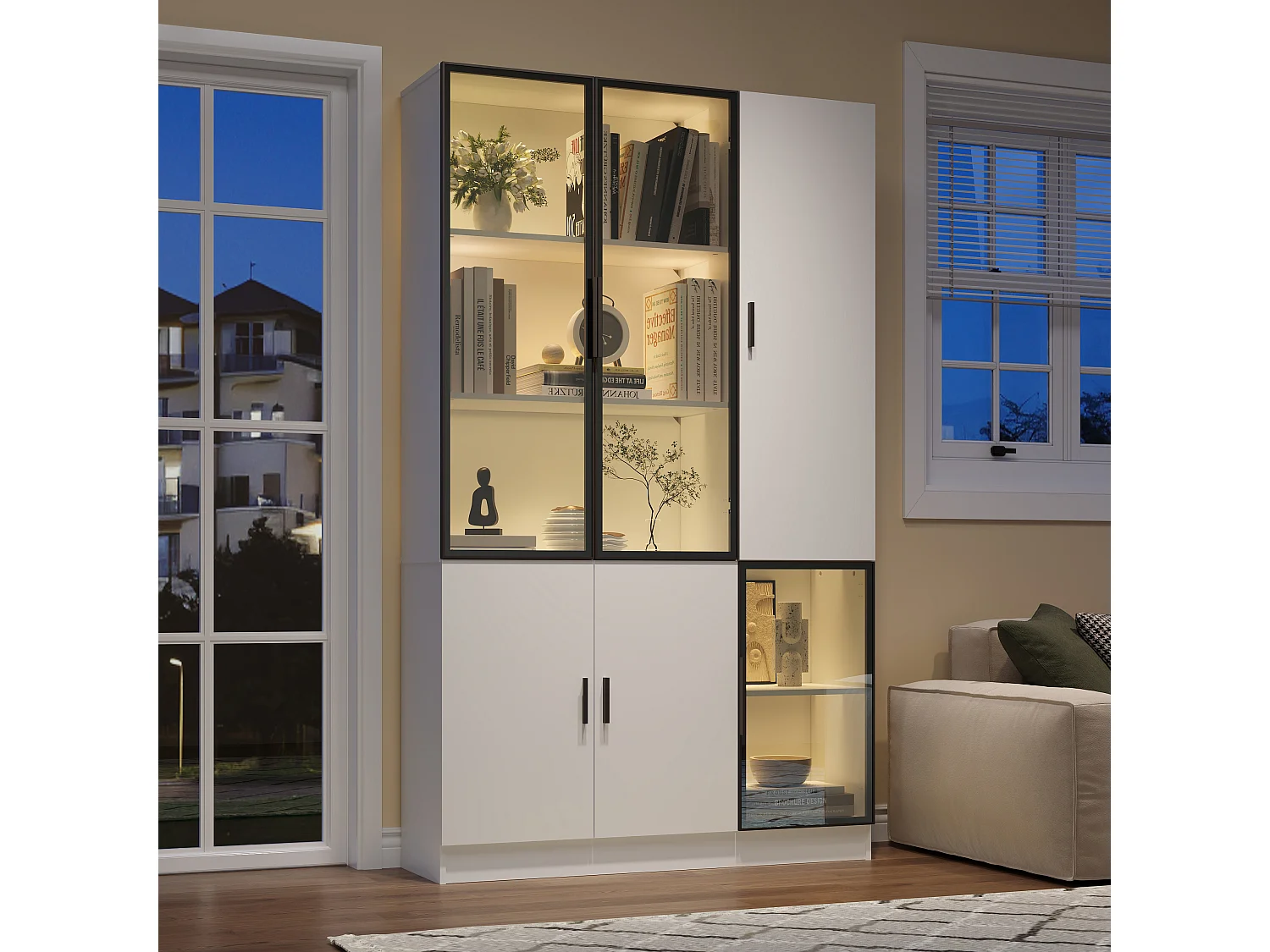 Vitrine 120x35x200 cm - portes vitrées - 6 portes - avec éclairage LED - panneaux de particules+verre trempé - blanc