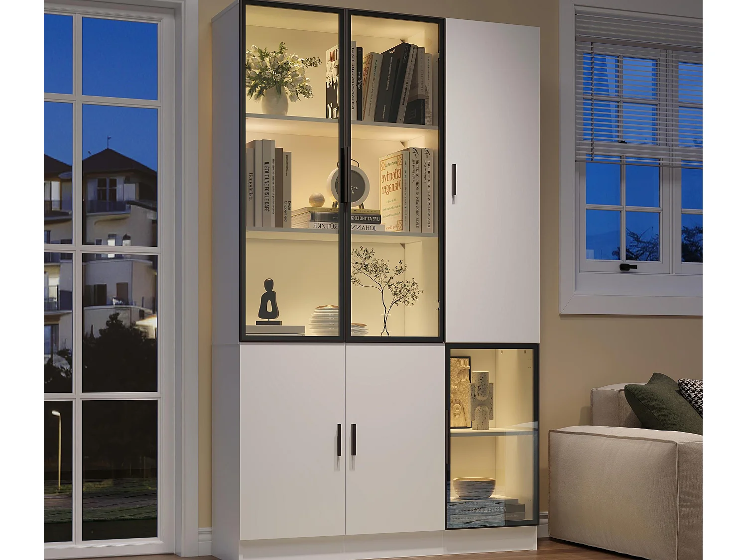 Vitrine 120x35x200 cm - portes vitrées - 6 portes - avec éclairage LED - panneaux de particules+verre trempé - blanc