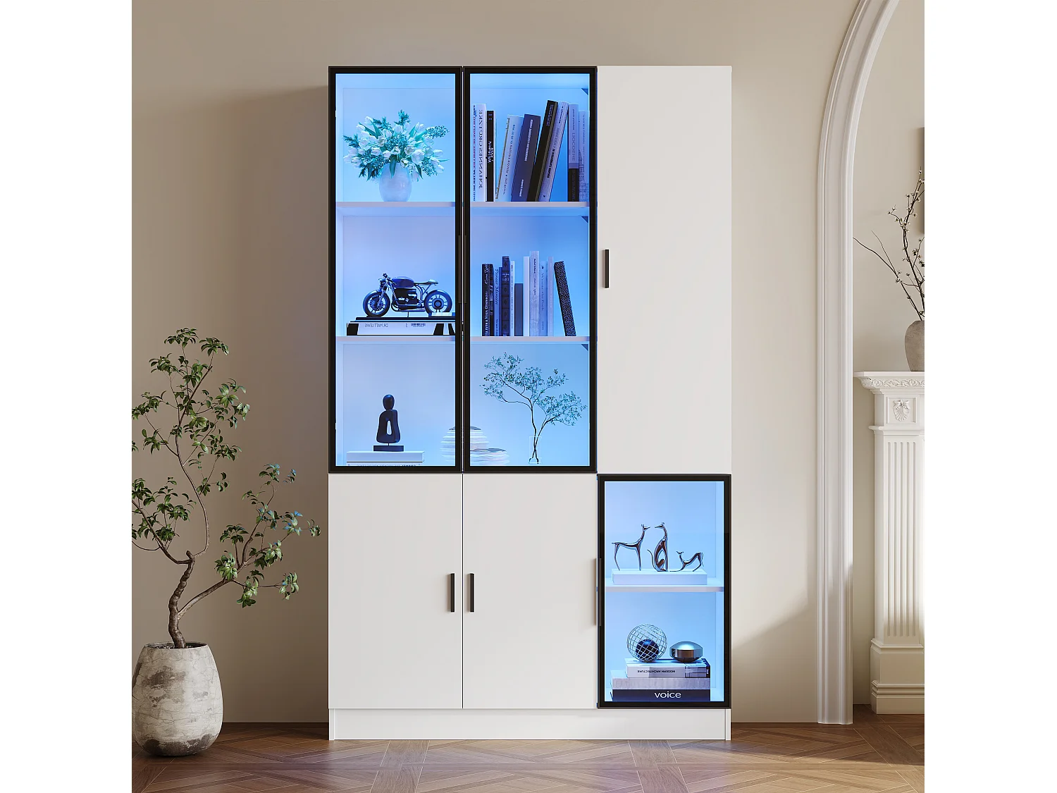 Vitrine 120x35x200 cm - portes vitrées - 6 portes - avec éclairage LED - panneaux de particules+verre trempé - blanc