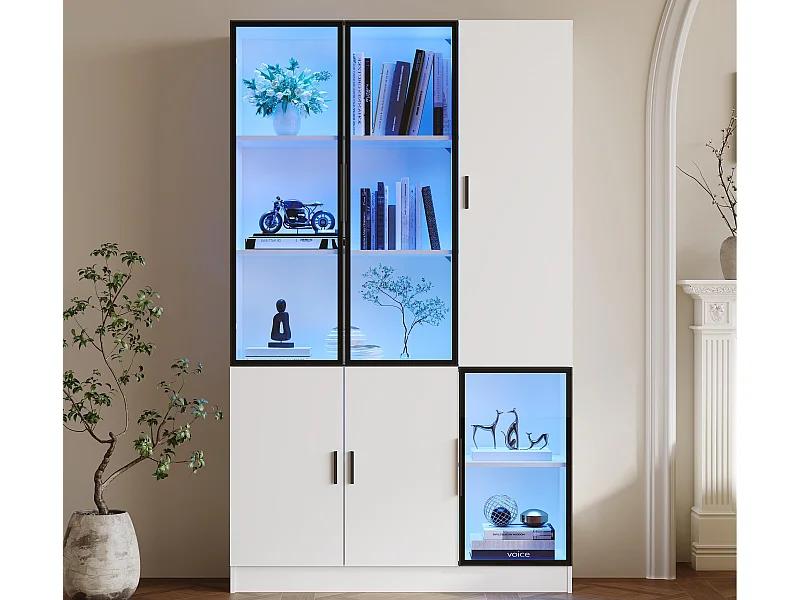 Vitrine 120x35x200 cm - portes vitrées - 6 portes - avec éclairage LED - panneaux de particules+verre trempé - blanc