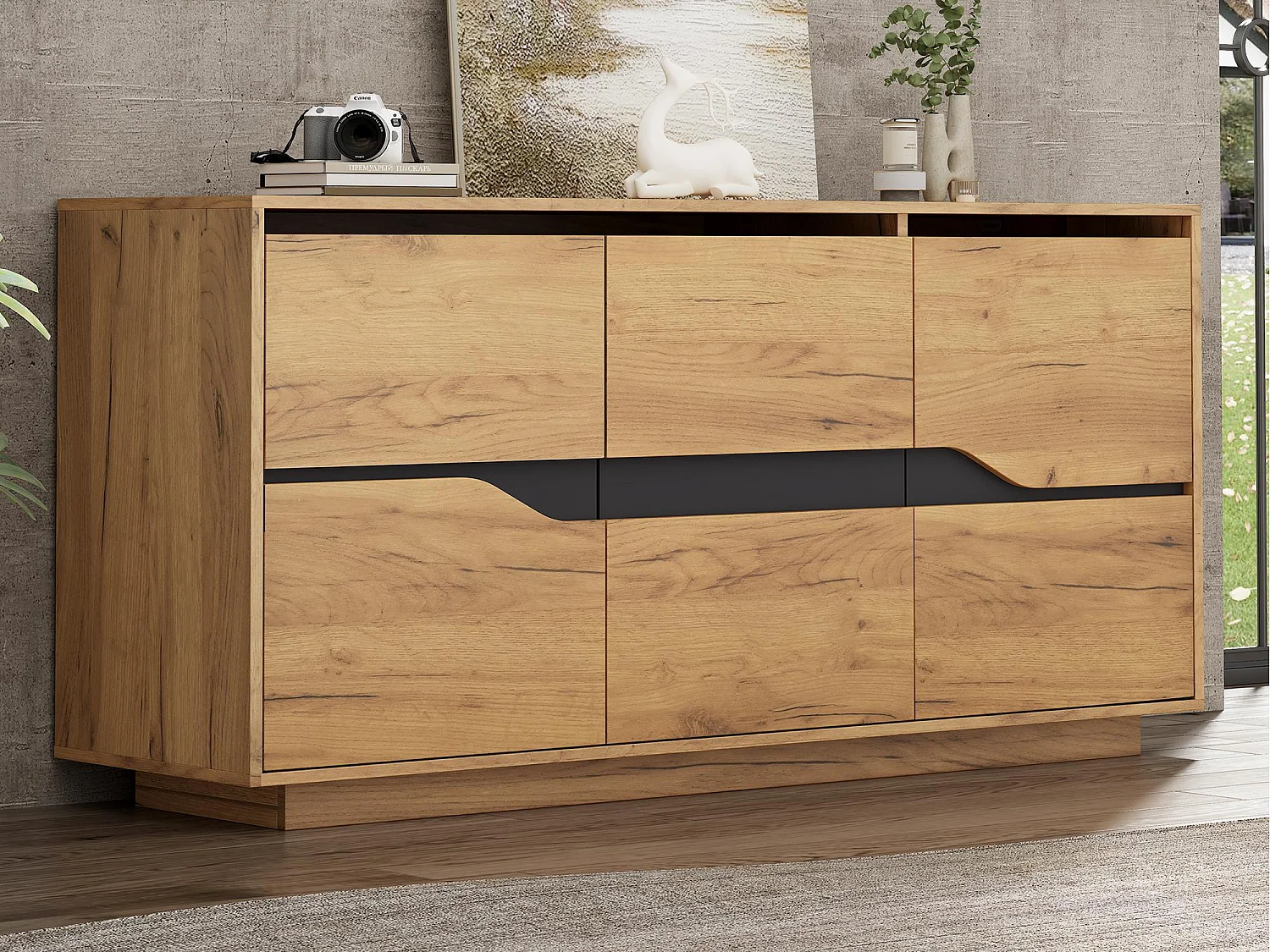 Buffet brillant 140x40x76cm - 3 portes - avec étagères réglables - panneaux de particules - naturel