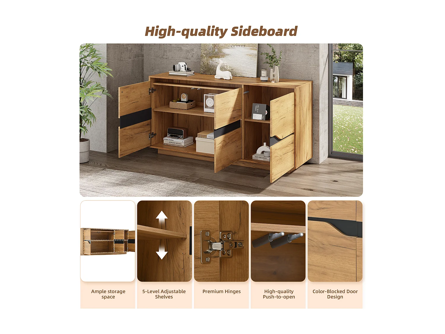 Buffet brillant 140x40x76cm - 3 portes - avec étagères réglables - panneaux de particules - naturel