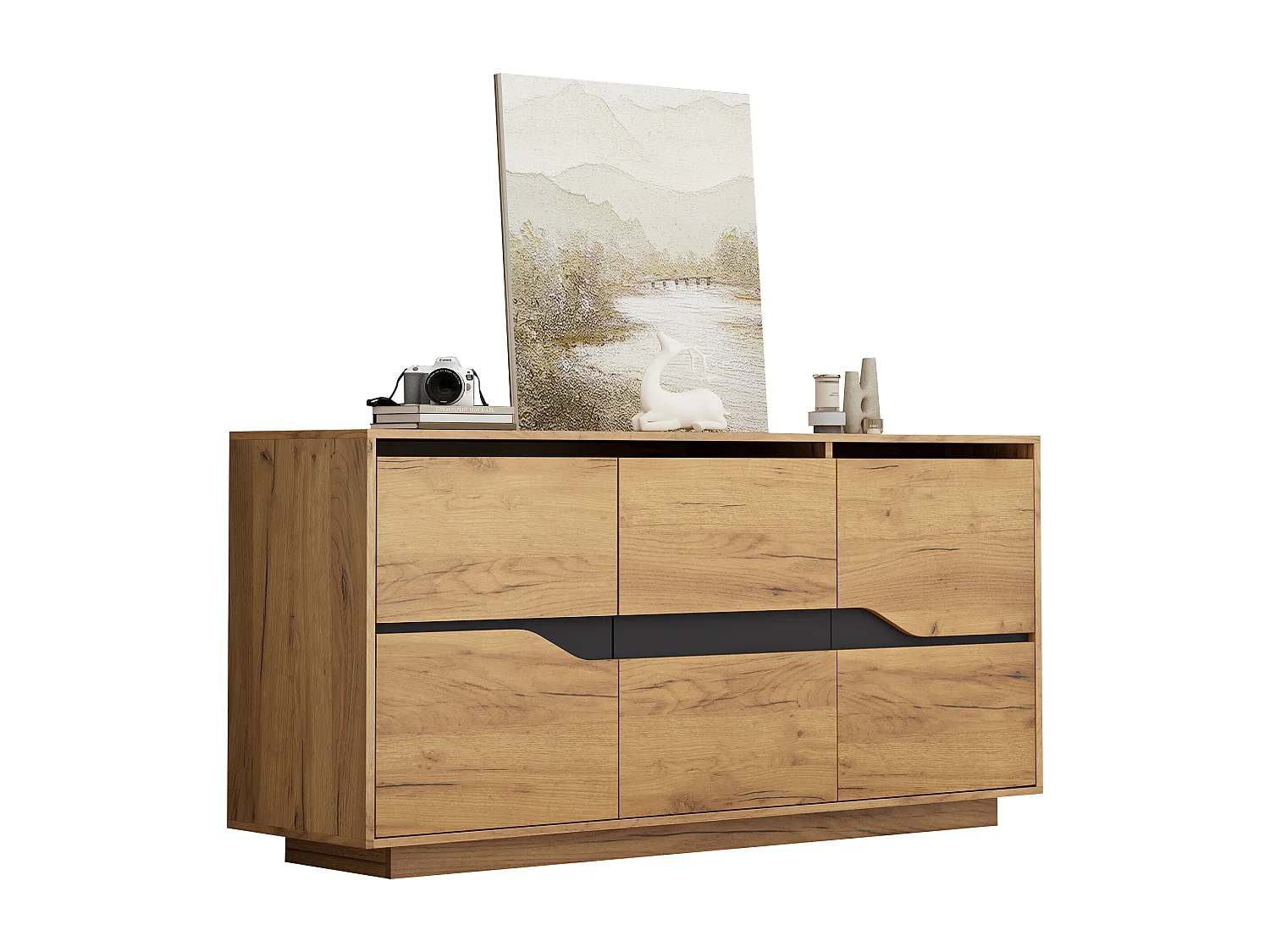 Buffet brillant 140x40x76cm - 3 portes - avec étagères réglables - panneaux de particules - naturel