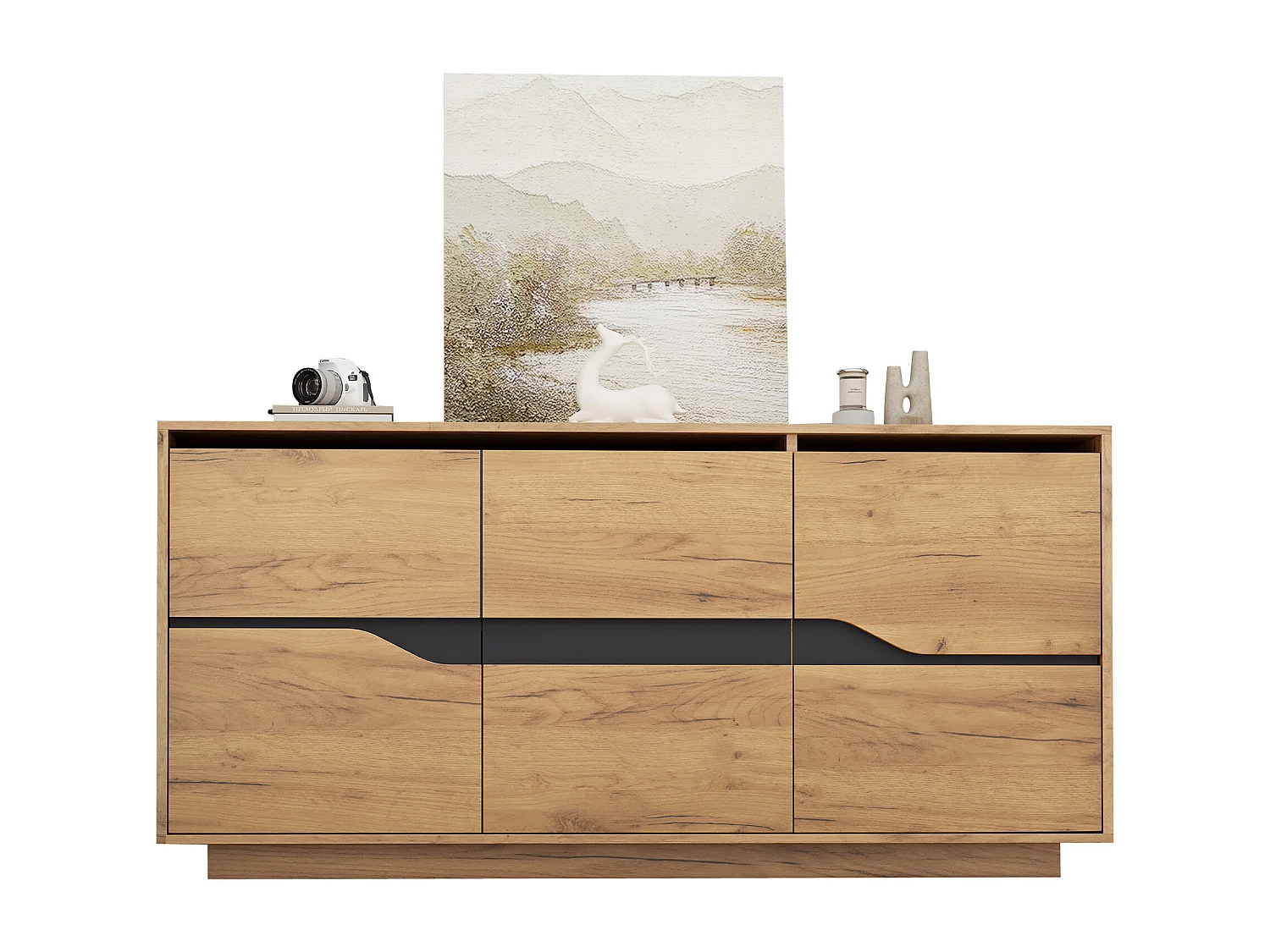Buffet brillant 140x40x76cm - 3 portes - avec étagères réglables - panneaux de particules - naturel