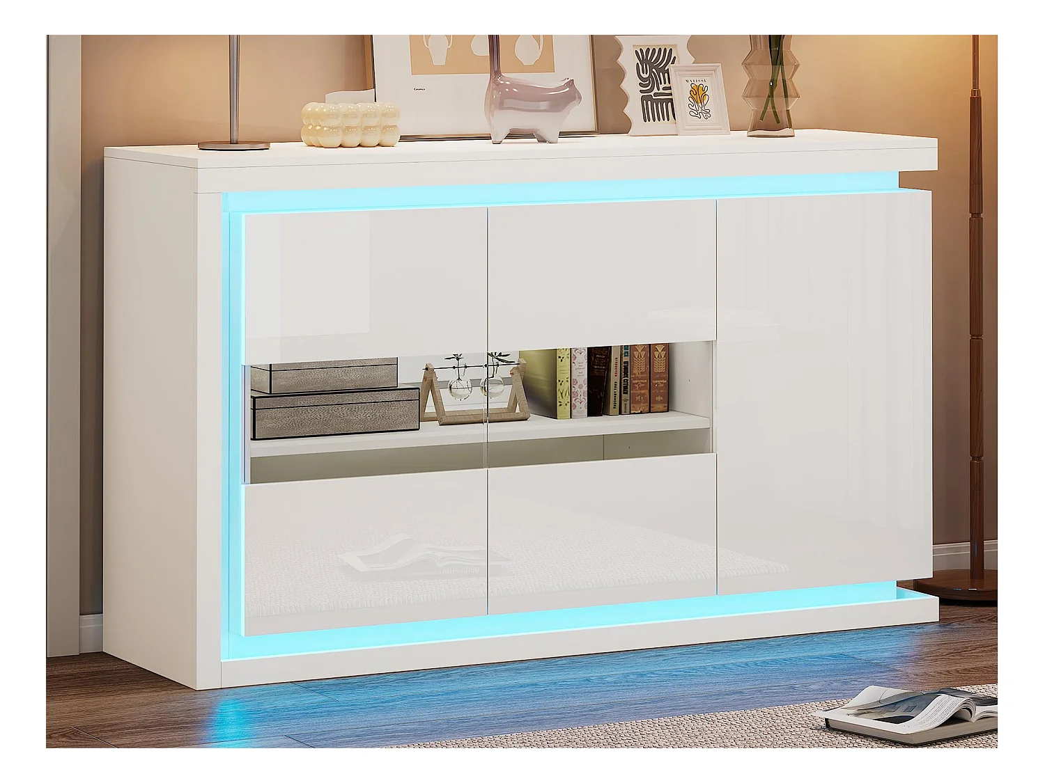 Buffet haut brillant 140×40×84 cm - 3 portes - avec éclairage LED - avec verre trempé - panneau de particules - blanc