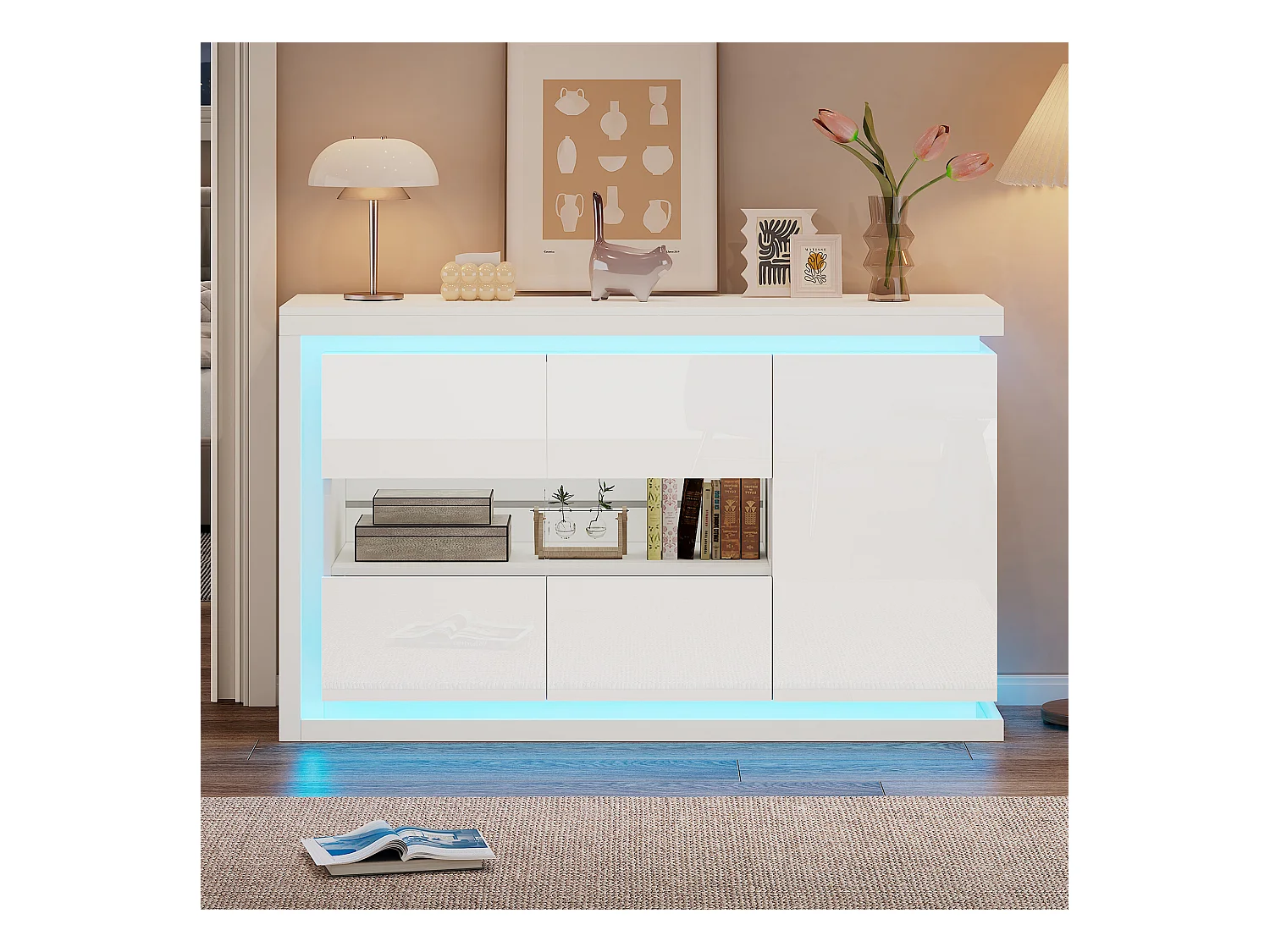 Buffet haut brillant 140×40×84 cm - 3 portes - avec éclairage LED - avec verre trempé - panneau de particules - blanc