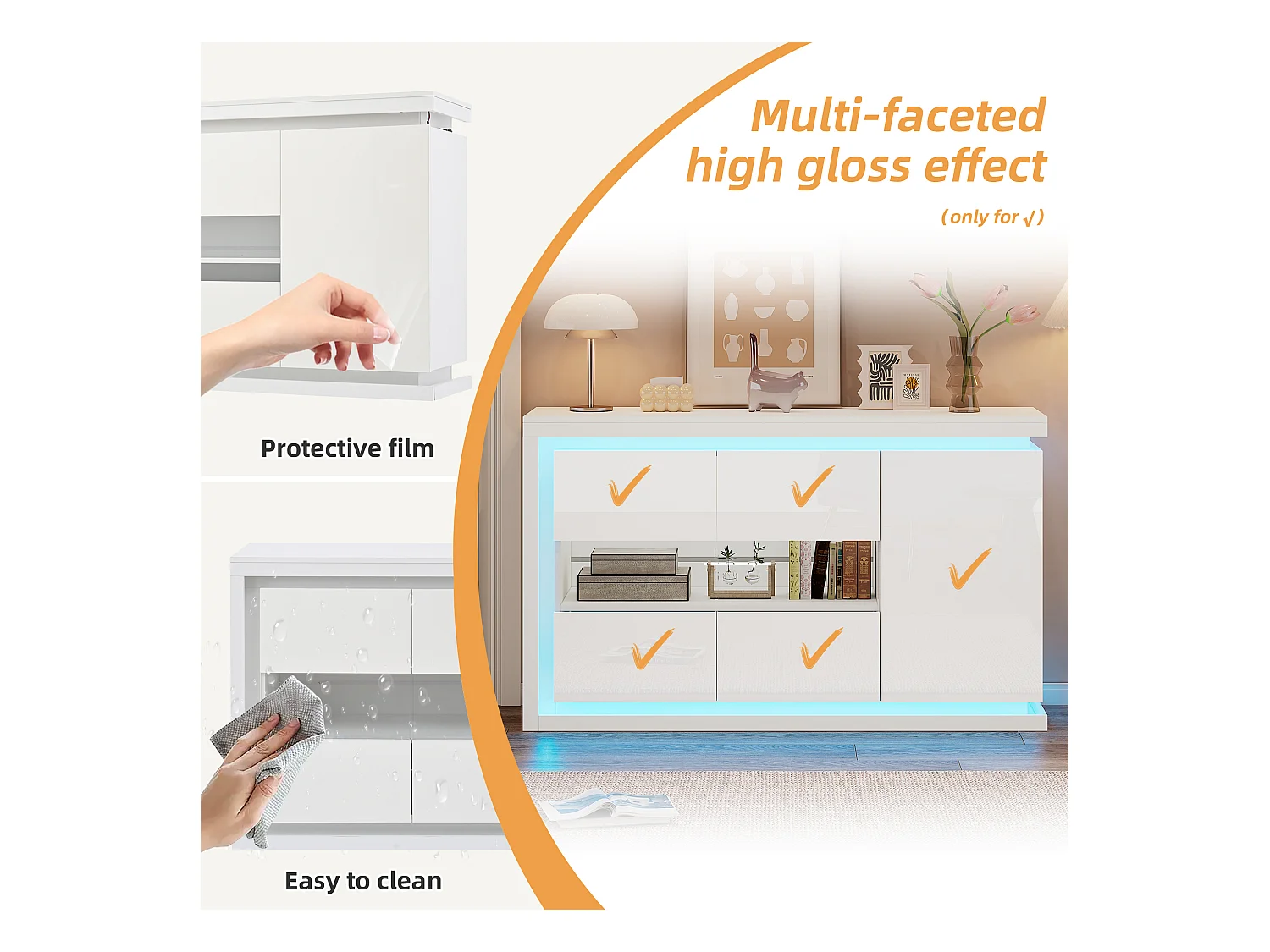 Buffet haut brillant 140×40×84 cm - 3 portes - avec éclairage LED - avec verre trempé - panneau de particules - blanc