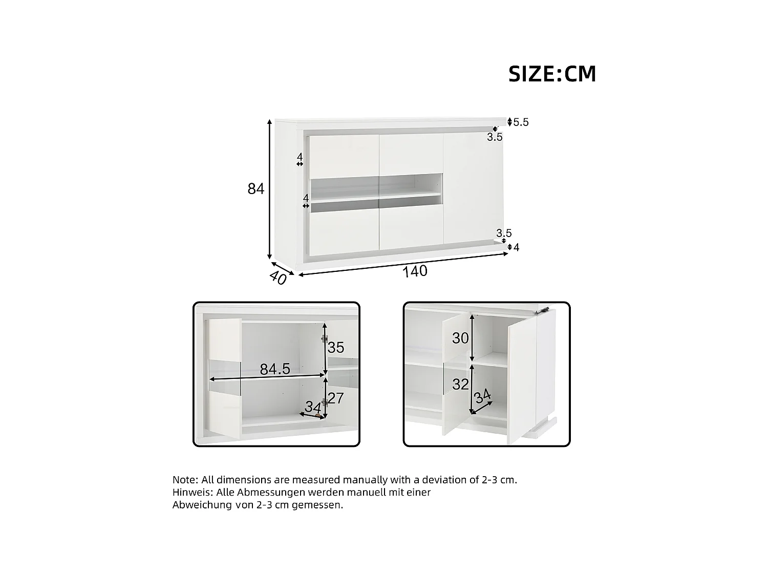Buffet haut brillant 140×40×84 cm - 3 portes - avec éclairage LED - avec verre trempé - panneau de particules - blanc