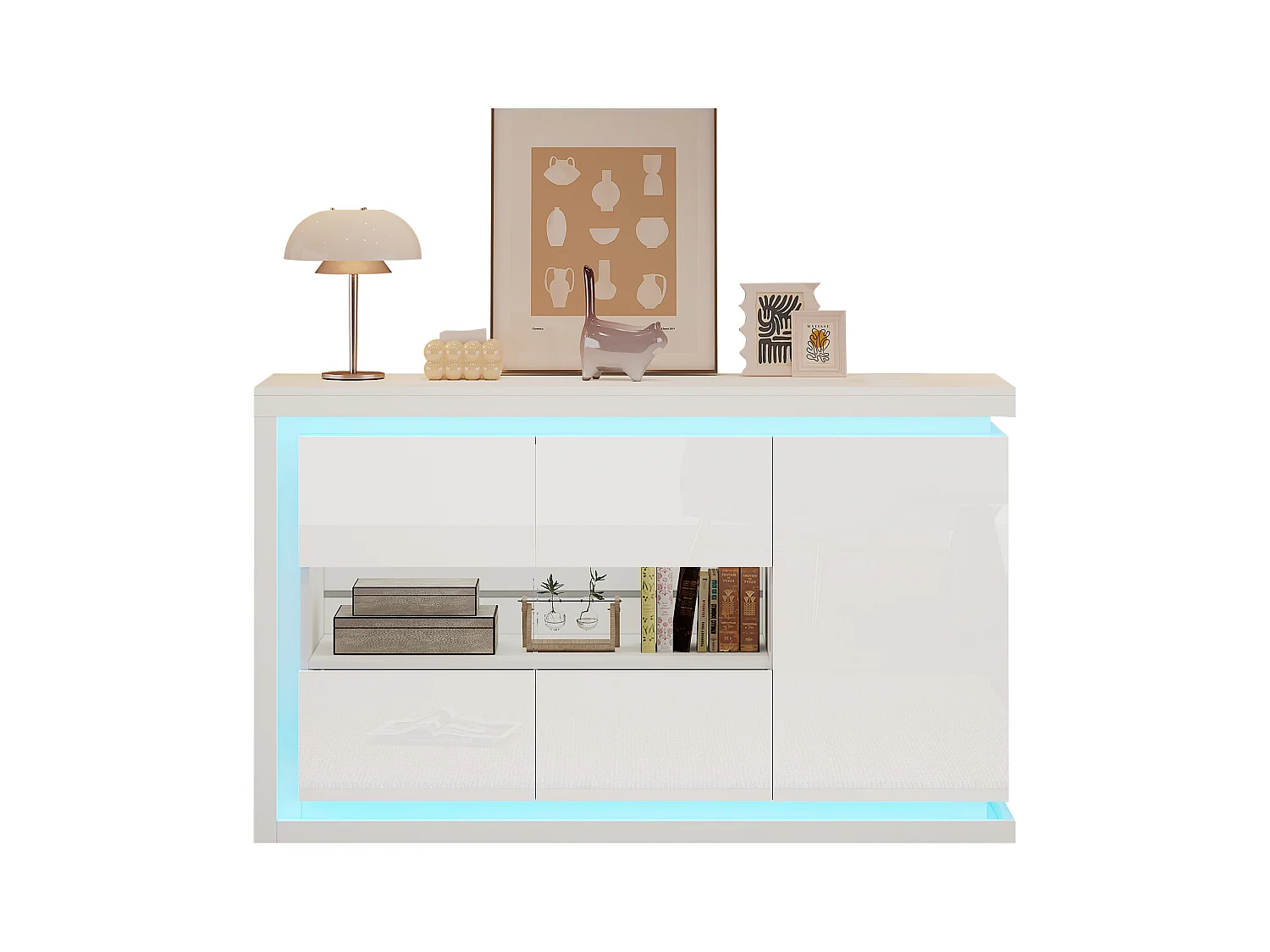 Buffet haut brillant 140×40×84 cm - 3 portes - avec éclairage LED - avec verre trempé - panneau de particules - blanc