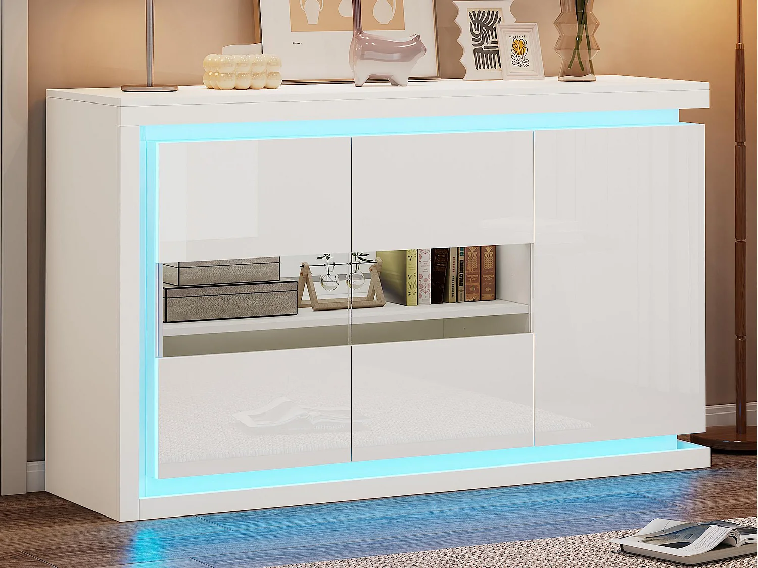 Buffet haut brillant 140×40×84 cm - 3 portes - avec éclairage LED - avec verre trempé - panneau de particules - blanc