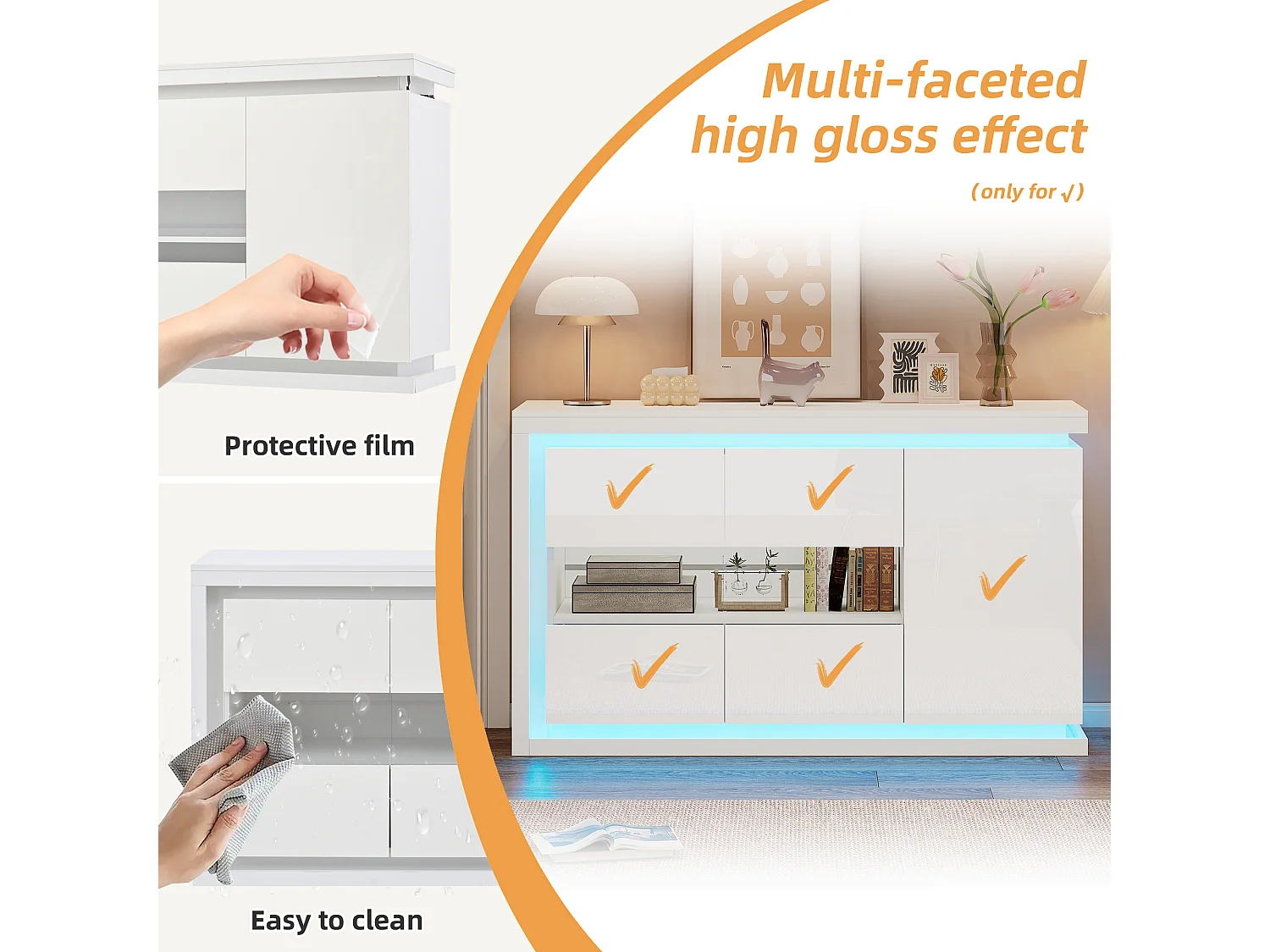 Buffet haut brillant 140×40×84 cm - 3 portes - avec éclairage LED - avec verre trempé - panneau de particules - blanc