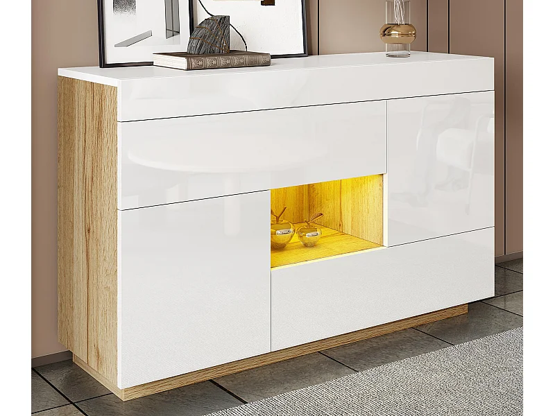 Hochglanz-Sideboard 120×37×76,5 cm - LED-Beleuchtung - 2 Schubladen und 2 Türen - Offene Regale - Weiß + Natur