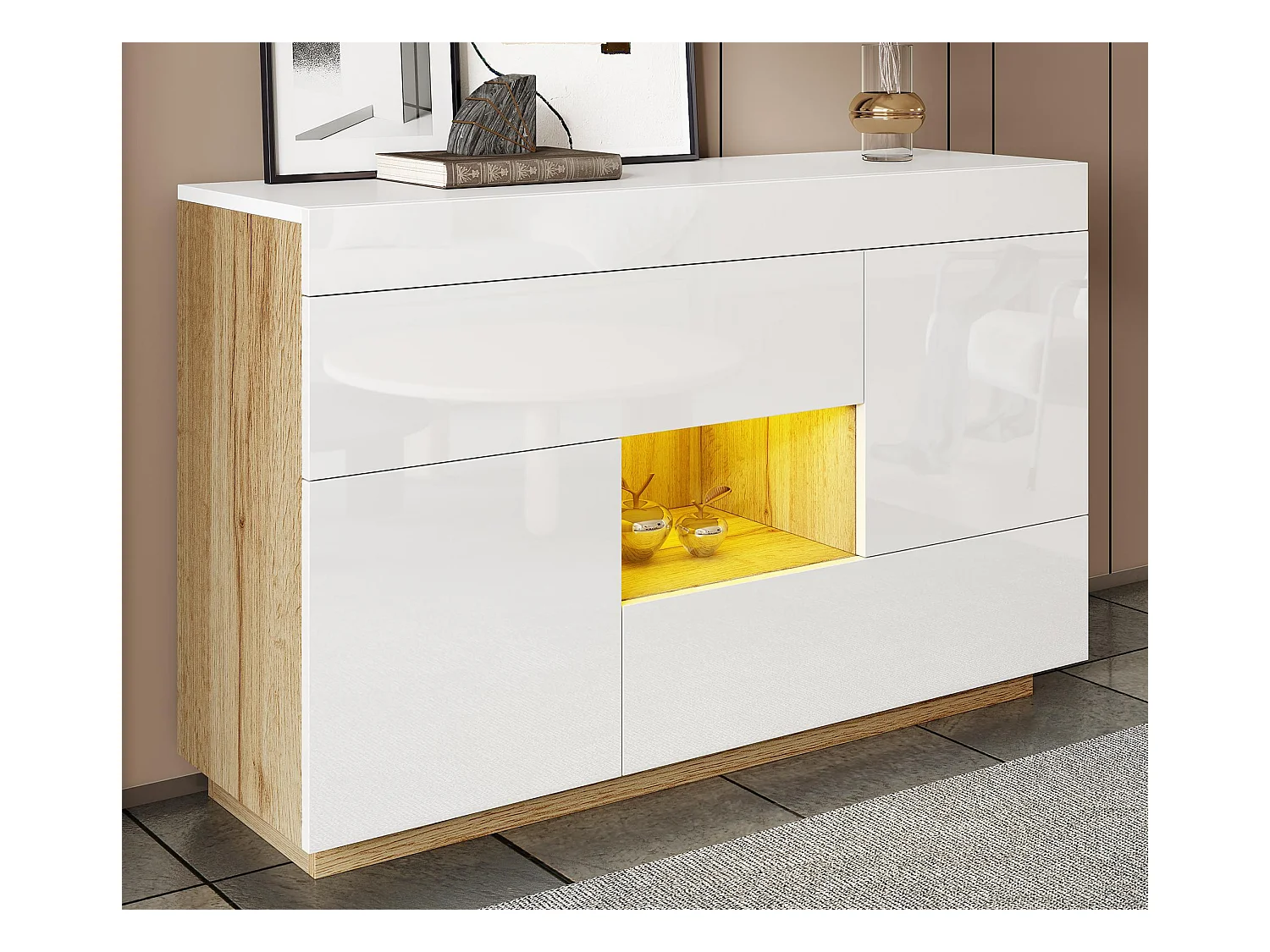 Buffet brillant 120x37x76.5 cm - Éclairage LED - 2 tiroirs et 2 portes - Étagères ouvertes - Blanc + Naturel