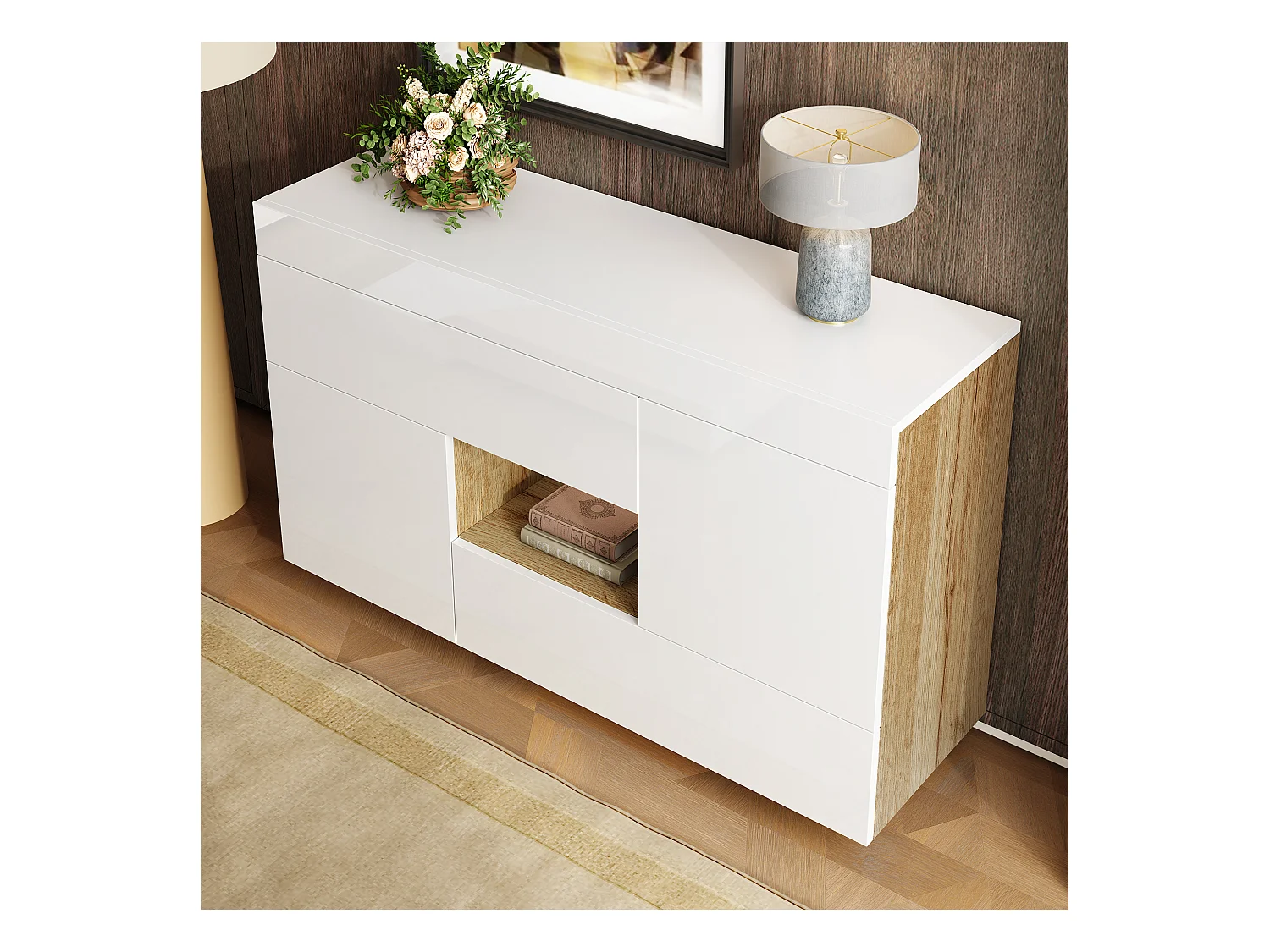 Buffet brillant 120x37x76.5 cm - Éclairage LED - 2 tiroirs et 2 portes - Étagères ouvertes - Blanc + Naturel