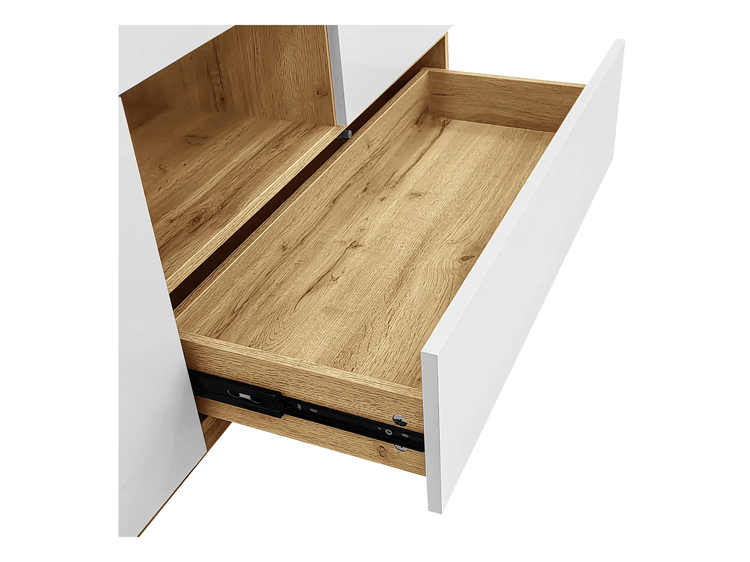 Buffet brillant 120x37x76.5 cm - Éclairage LED - 2 tiroirs et 2 portes - Étagères ouvertes - Blanc + Naturel