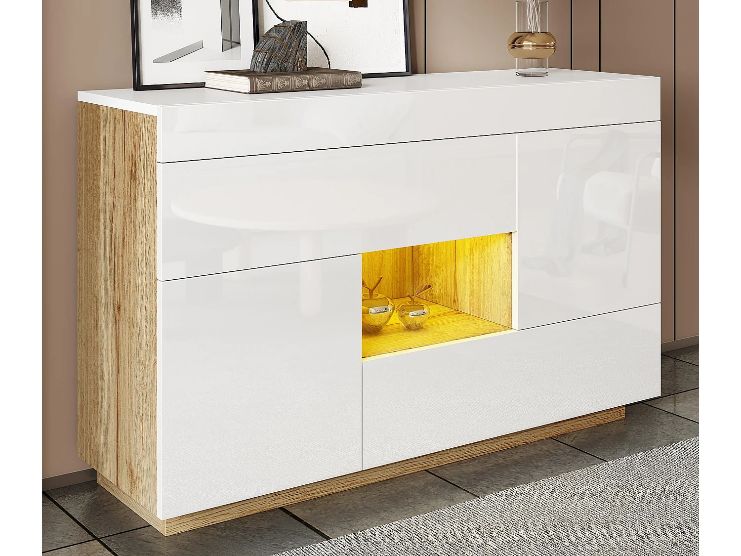Hochglanz-Sideboard 120×37×76,5 cm - LED-Beleuchtung - 2 Schubladen und 2 Türen - Offene Regale - Weiß + Natur
