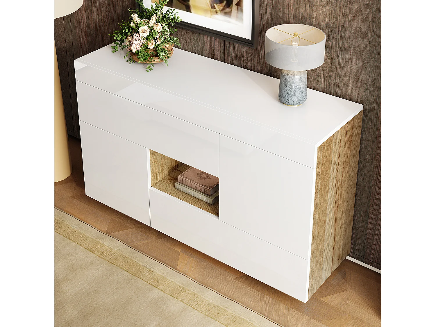 Hochglanz-Sideboard 120×37×76,5 cm - LED-Beleuchtung - 2 Schubladen und 2 Türen - Offene Regale - Weiß + Natur