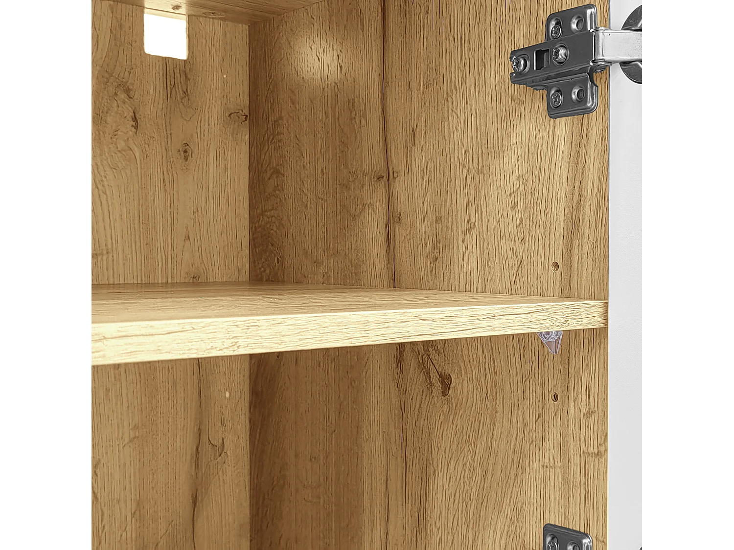 Hochglanz-Sideboard 120×37×76,5 cm - LED-Beleuchtung - 2 Schubladen und 2 Türen - Offene Regale - Weiß + Natur