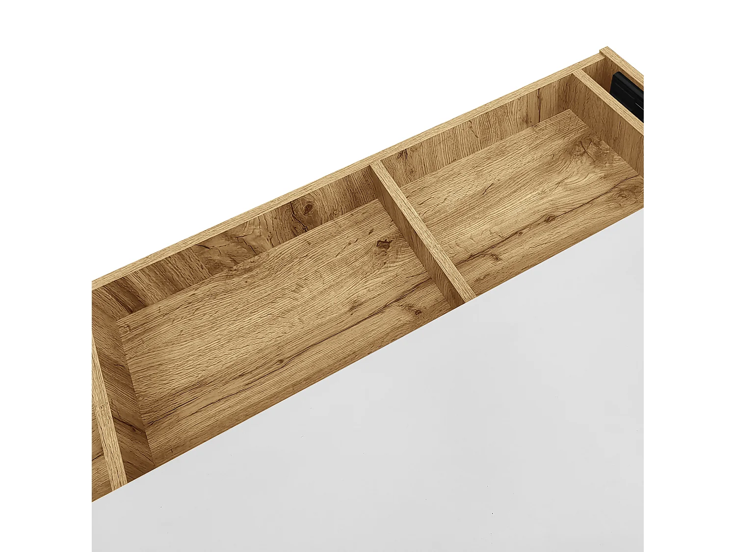 Hochglanz-Sideboard 120×37×76,5 cm - LED-Beleuchtung - 2 Schubladen und 2 Türen - Offene Regale - Weiß + Natur
