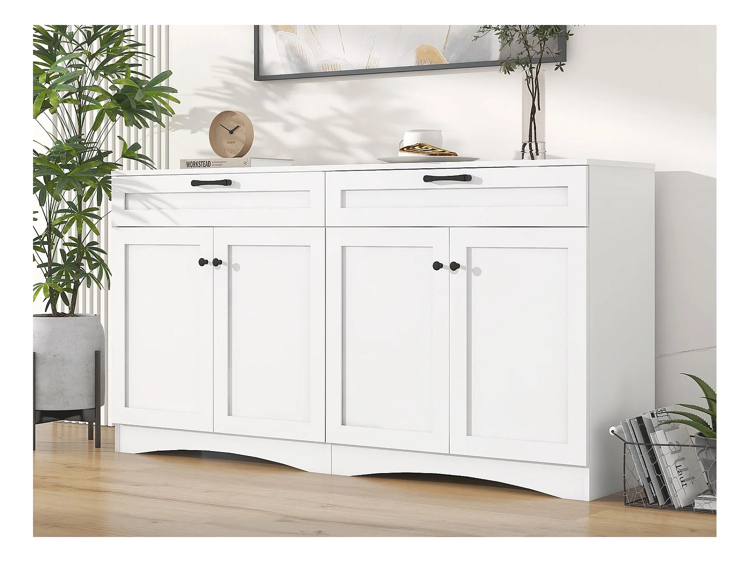 Buffet 160×40×85 cm - 2 cajones y 4 puertas - Estantes regulables - Paneles de partículas - Blanco