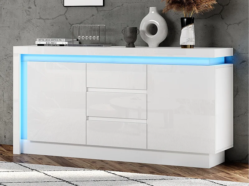 Hochglanz-Sideboard 140×35×72 cm - 2 Türen und 3 Schubladen - mit LED-Beleuchtung - mit verstellbaren Regalen - weiß