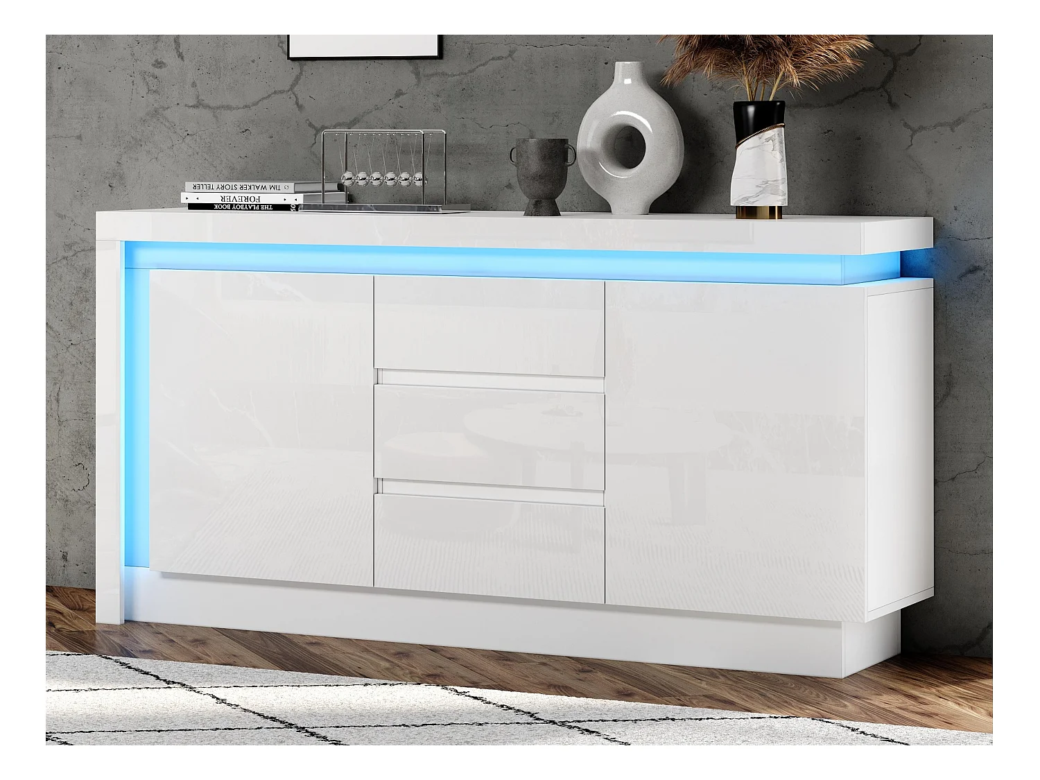 Buffet brillant 140x35x72 cm - 2 portes et 3 tiroirs - avec éclairage LED - avec étagères réglables - blanc