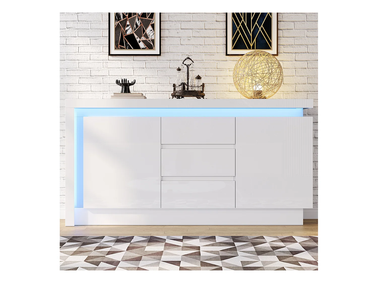 Buffet brillant 140x35x72 cm - 2 portes et 3 tiroirs - avec éclairage LED - avec étagères réglables - blanc