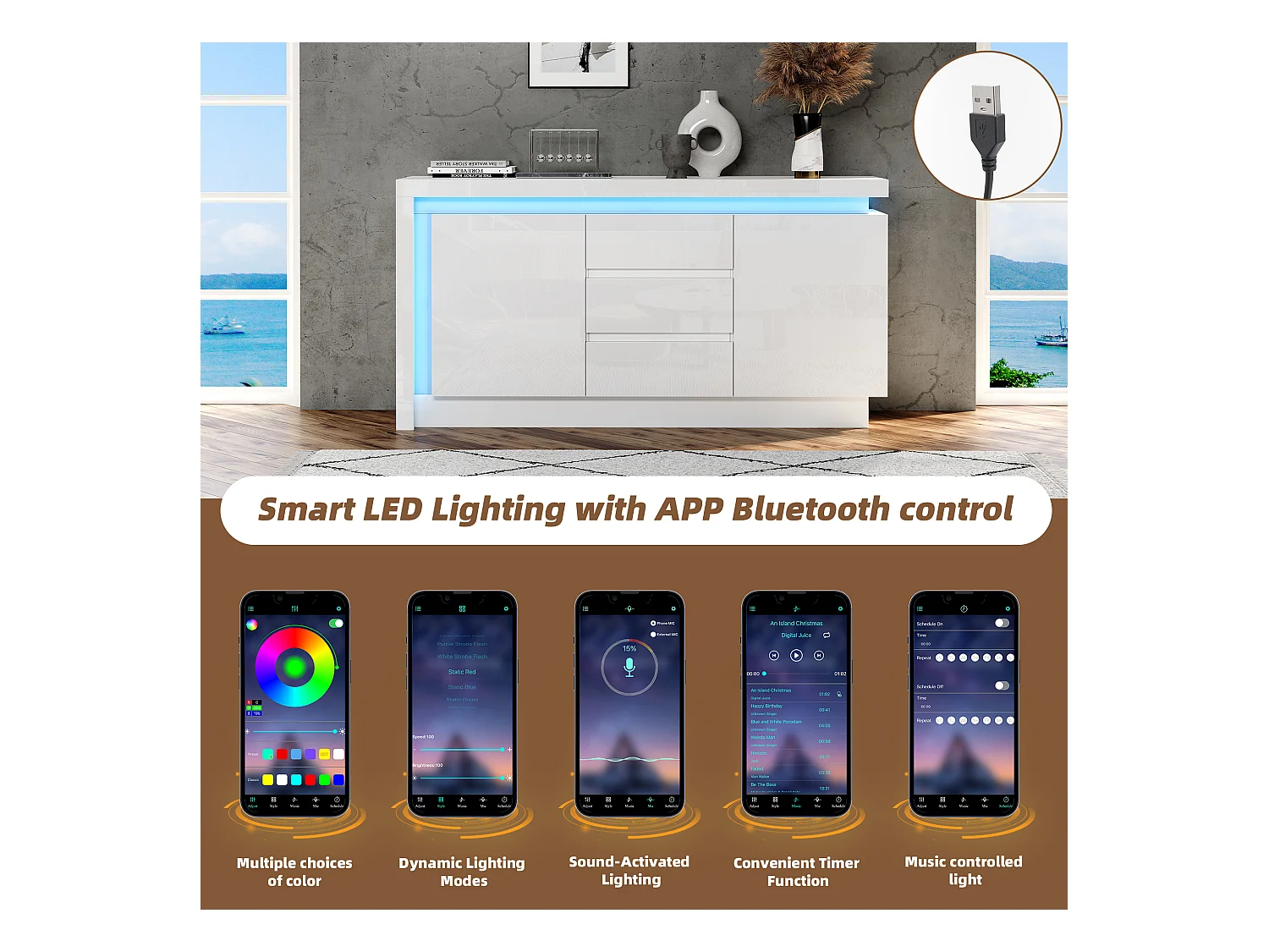 Buffet brillant 140x35x72 cm - 2 portes et 3 tiroirs - avec éclairage LED - avec étagères réglables - blanc