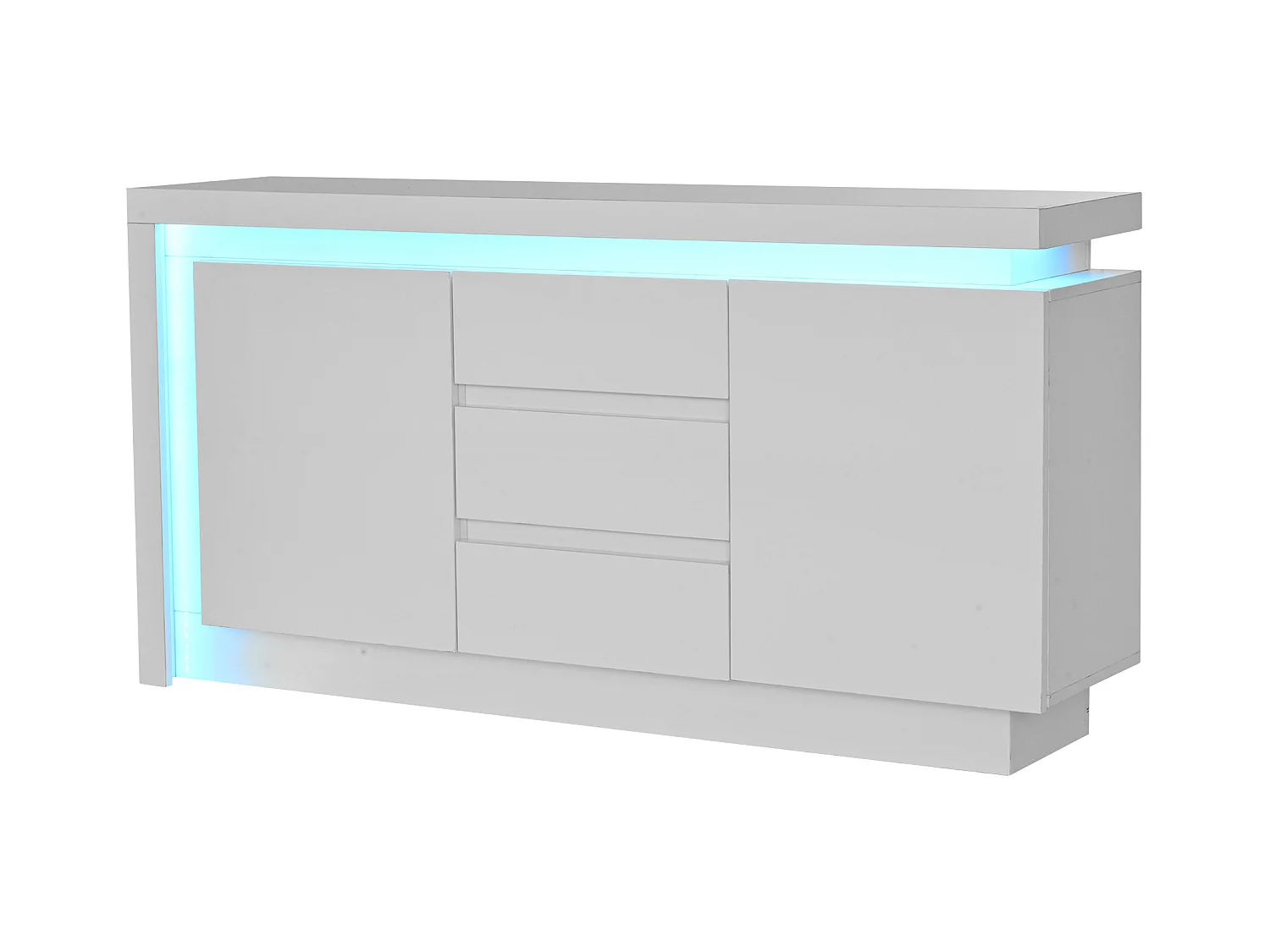 Buffet brillant 140x35x72 cm - 2 portes et 3 tiroirs - avec éclairage LED - avec étagères réglables - blanc