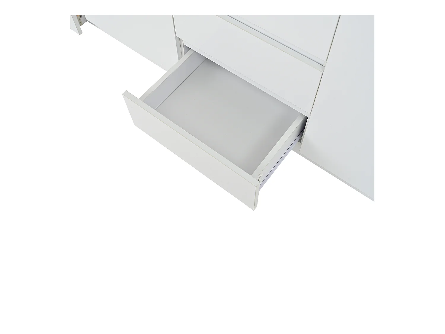 Buffet brillant 140x35x72 cm - 2 portes et 3 tiroirs - avec éclairage LED - avec étagères réglables - blanc