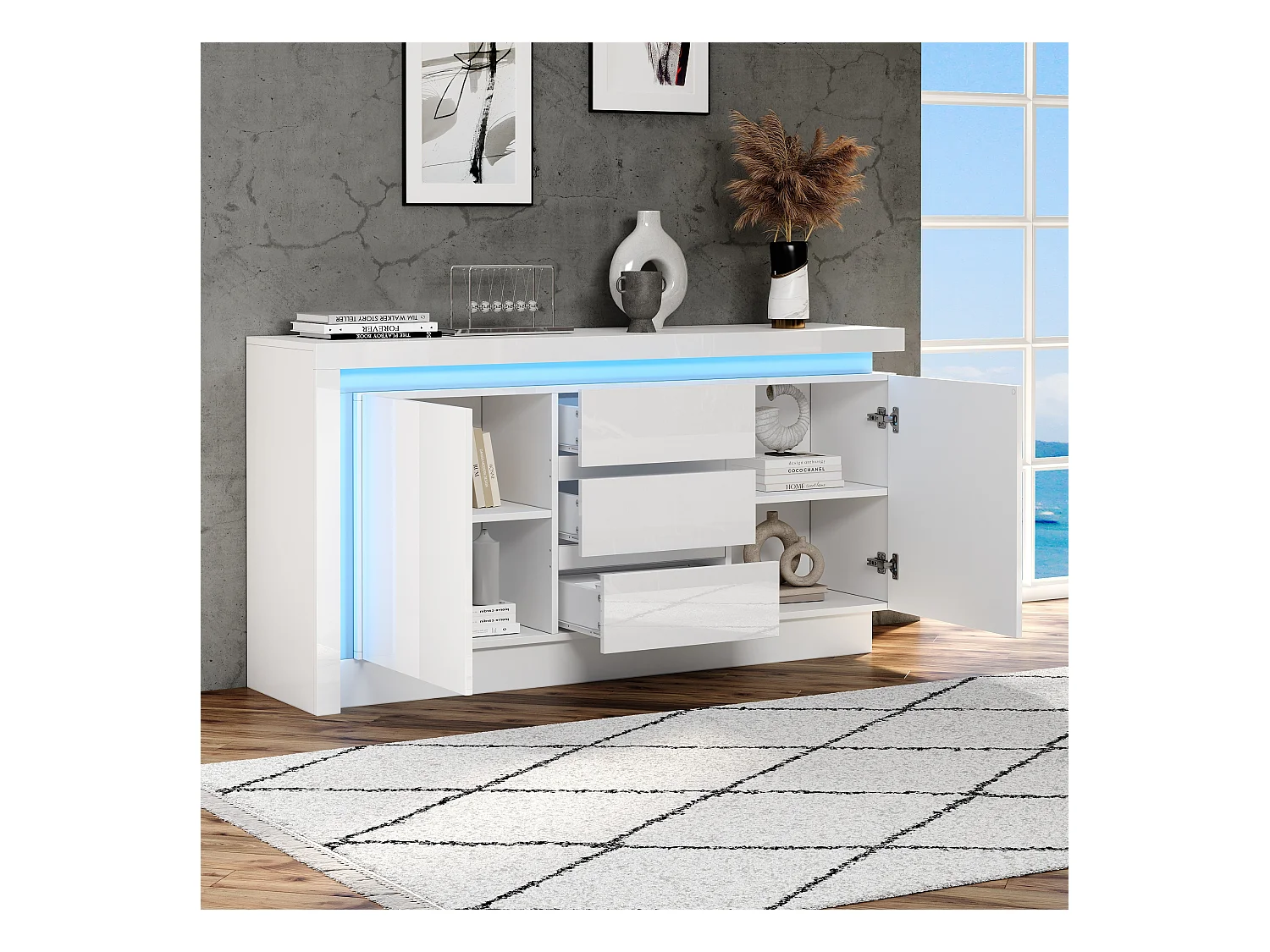 Buffet brillant 140x35x72 cm - 2 portes et 3 tiroirs - avec éclairage LED - avec étagères réglables - blanc