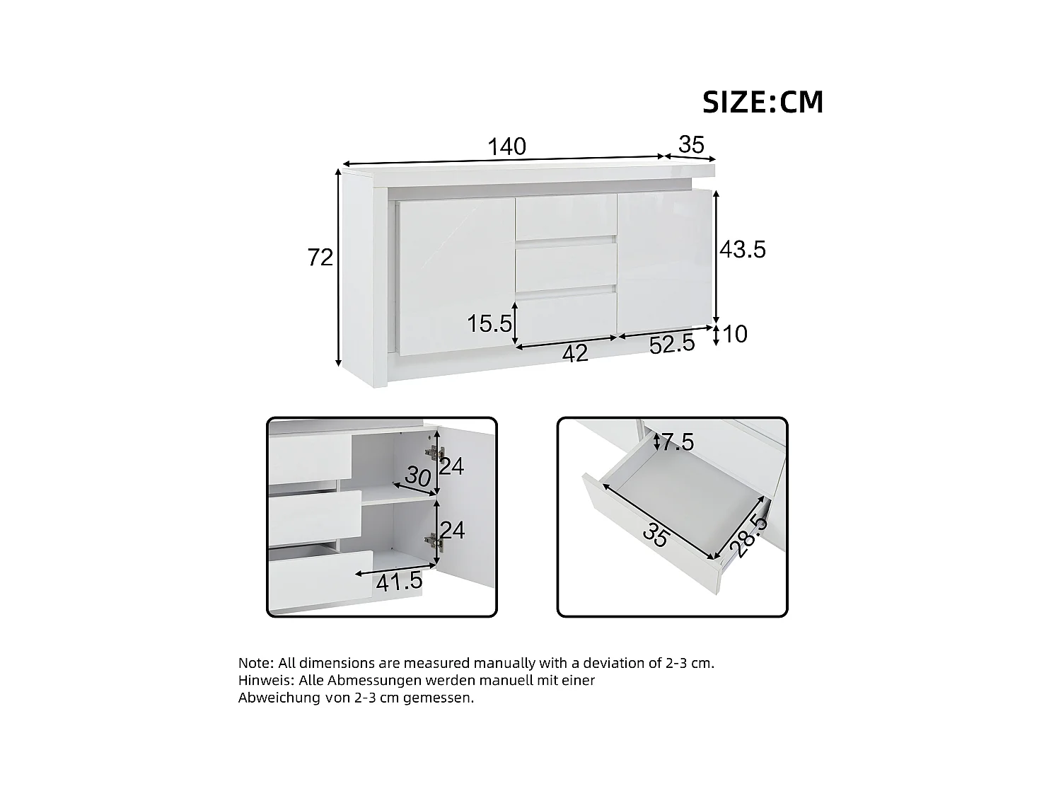 Buffet brillant 140x35x72 cm - 2 portes et 3 tiroirs - avec éclairage LED - avec étagères réglables - blanc