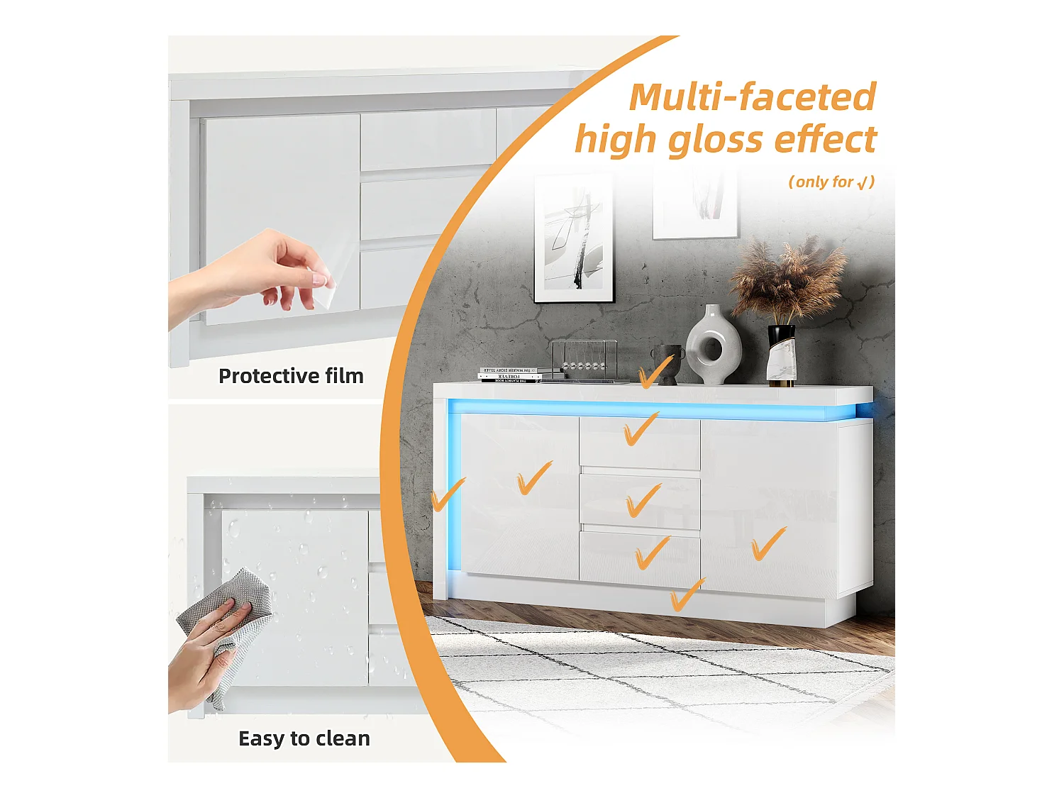 Buffet brillant 140x35x72 cm - 2 portes et 3 tiroirs - avec éclairage LED - avec étagères réglables - blanc